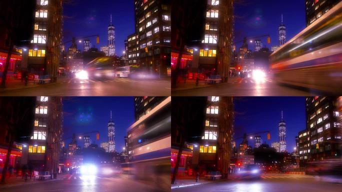 曼哈顿金融区的街道。夜。流量。创意。