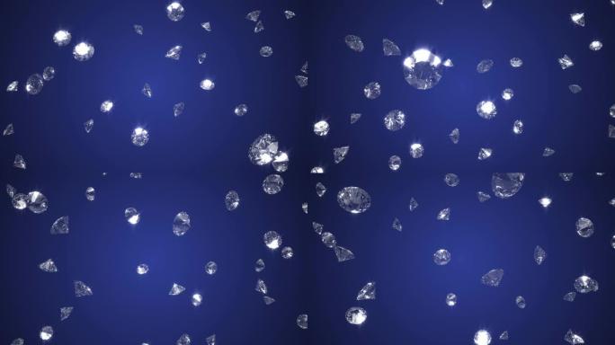 蓝色背景上落下闪亮的钻石3d渲染，无缝循环4k cg动画