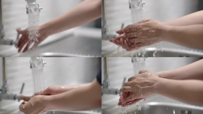 女人在浴室里小心地用水洗手