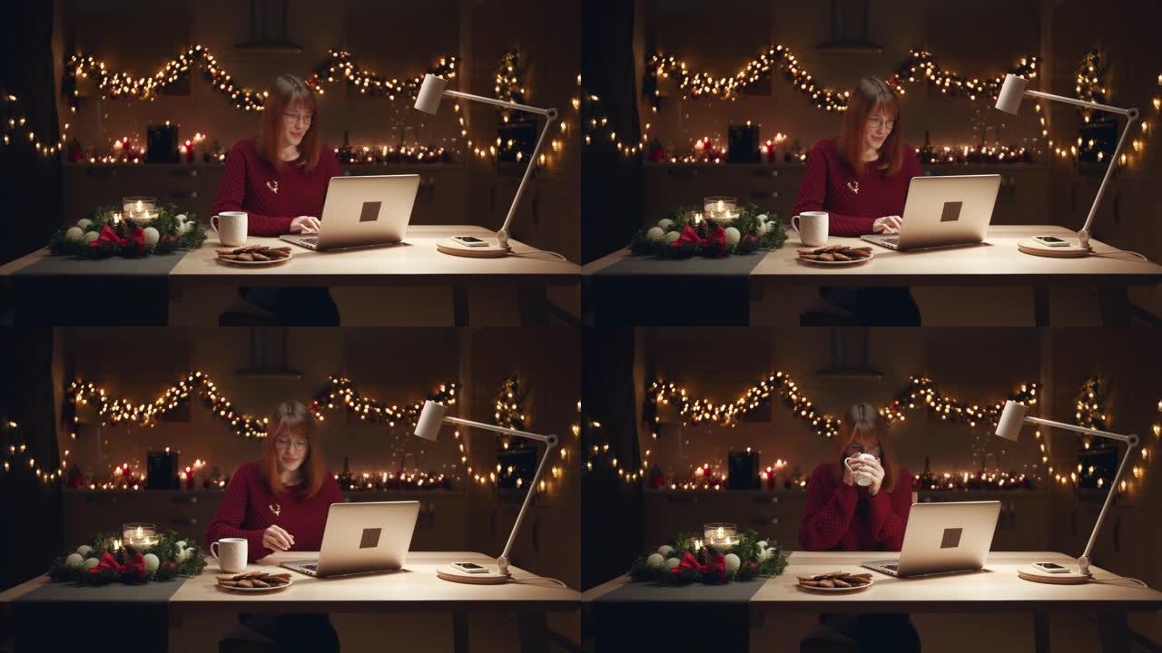 一个漂亮的女孩正在笔记本电脑上输入圣诞老人的电子邮件。她将把所有的信寄到网上，等待奇迹发生。