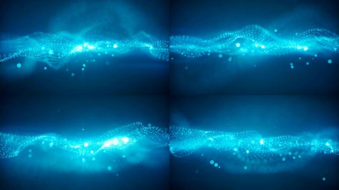 蓝色背景的完美运动。蓝色背景上的星星是宇宙的金色蓝色太阳尘埃。抽象粒子的运动。VJ无缝循环3d动画。