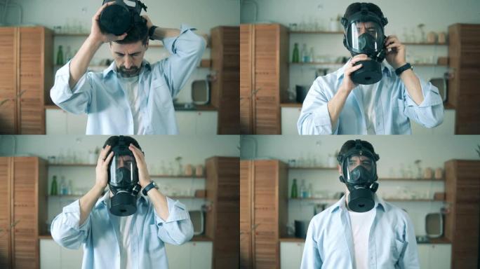 新型冠状病毒肺炎，成年男子在冠状病毒大流行期间在家时戴着危险品面具。
