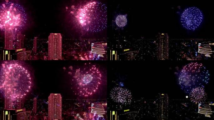 曼谷城市景观的4k慢动作镜头，夜间夜空，庆祝活动和节日概念