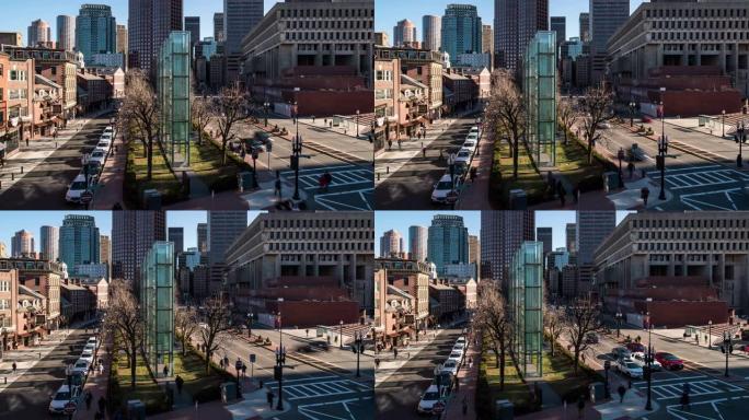 延时: 美国马市中心波士顿市政厅和公共市场的鸟瞰图