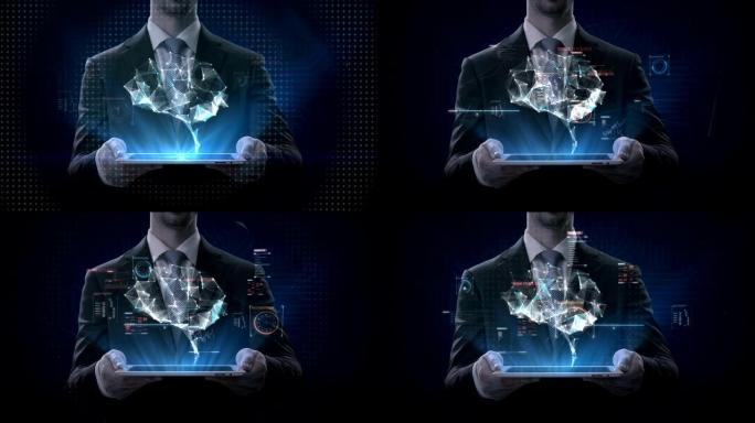 商人举起平板电脑，大脑用数字接口连接数字线路。成长人工智能。4k电影。