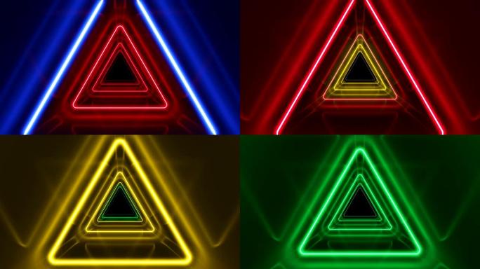 美丽的抽象三角隧道，霓虹灯线快速移动。明亮的彩虹色。背景未来发光隧道。循环3d动画艺术概念。