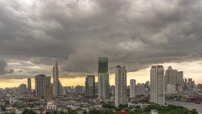 曼谷城市景观河边的4k时间流逝，傍晚时分，云雨或雨季有风