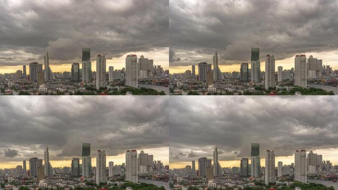 曼谷城市景观河边的4k时间流逝，傍晚时分，云雨或雨季有风
