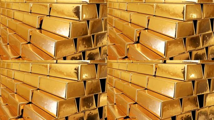 金石如山无缝的金条。美丽的金条的环形3d动画随着黄色的反射而生长。银行和财富概念。