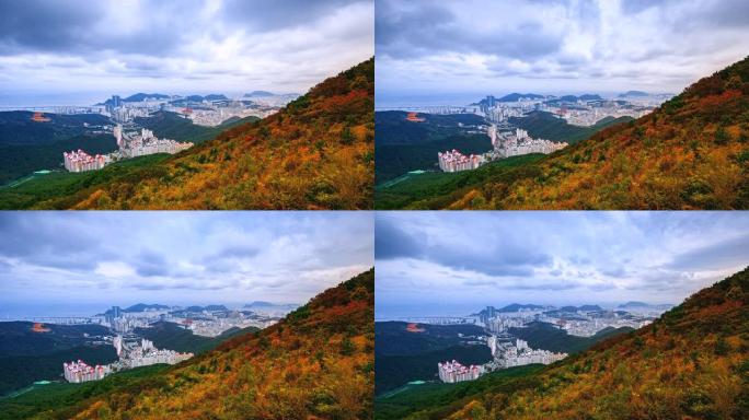 4K.韩国秋季城市景观釜山市的延时视图