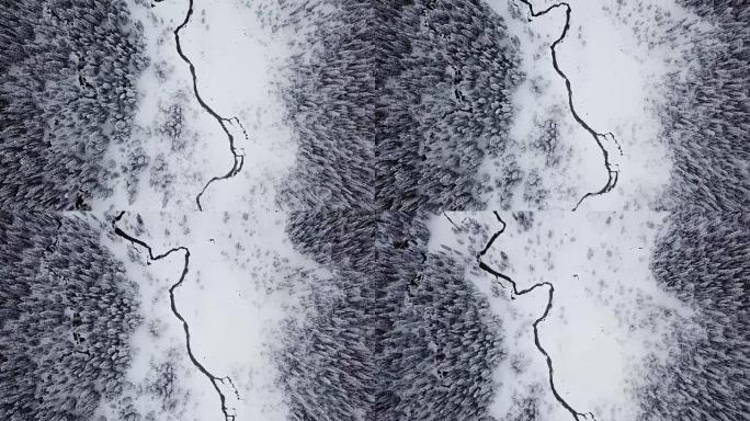冬季白雪皑皑的森林河流和土地的空中拍摄