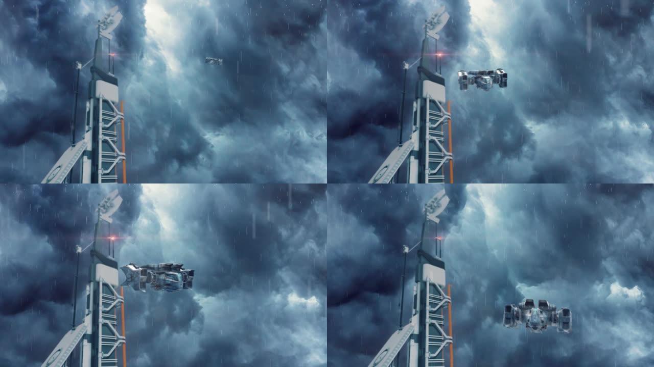 科幻飞船在暴风雨中降落在一个未来主义的前哨基地
