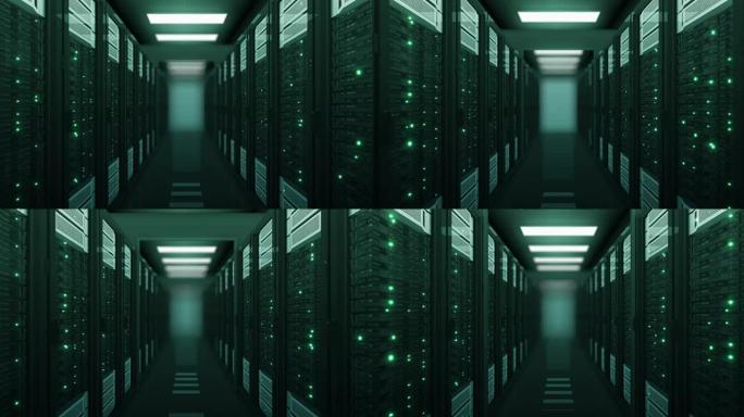 无缝飞行通过服务器机架的绿色在数据中心的dop模糊。美丽的循环3d动画，电脑灯光闪烁。现代电子技术概