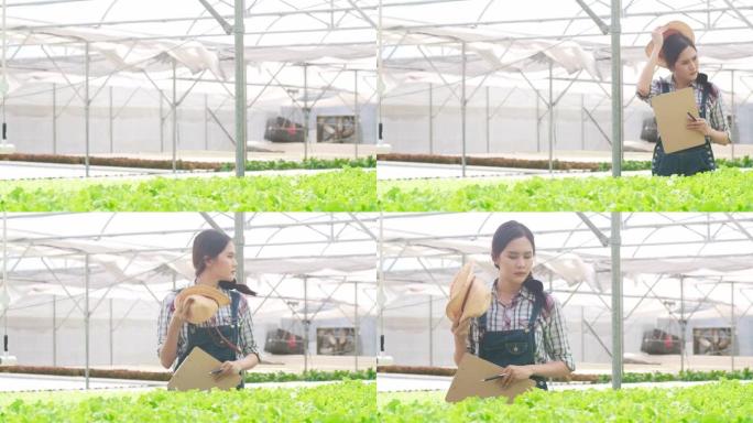 开朗的年轻迷人的亚洲女农民早上从温室花园的水培蔬菜农场收获绿色橡树。