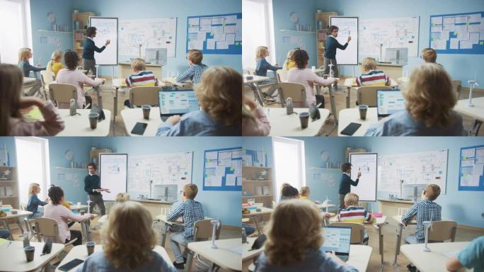 小学物理老师使用交互式数字白板向充满聪明多样的孩子的教室展示发电机是如何工作的。科学课，好奇的孩子专