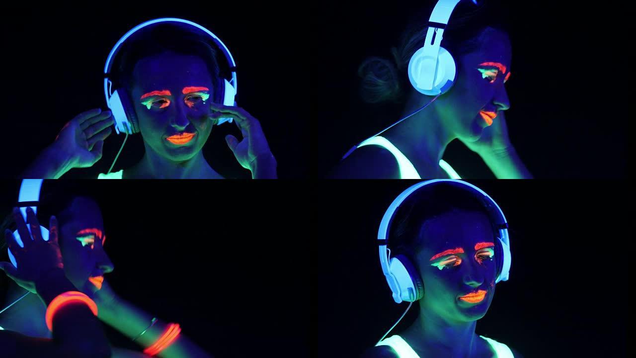 性感cyber raver女人在UV黑光下在荧光服装拍摄的梦幻视频性感女孩cyber glow ra