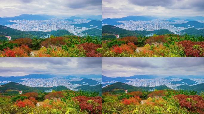 4K.韩国秋季城市景观釜山市的延时视图