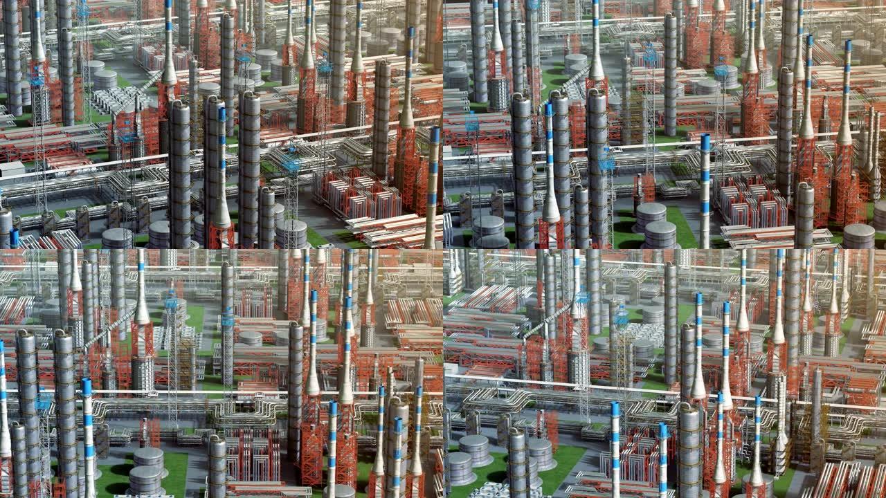 石油和天然气精炼厂工厂，轨道视图，红色橙色，工业石油区，钢管和储油罐。空中无人机飞越植物拍摄。3D生