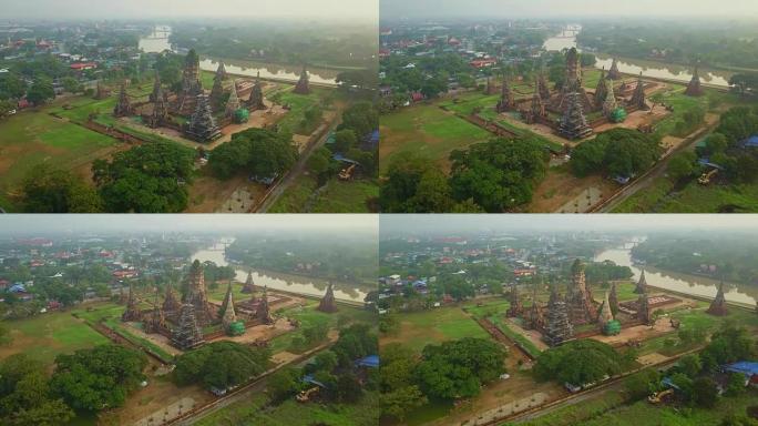 Chat Chaiwatthanaram的航拍镜头是泰国大城府历史公园市的一座佛教寺庙，位于岛外的湄