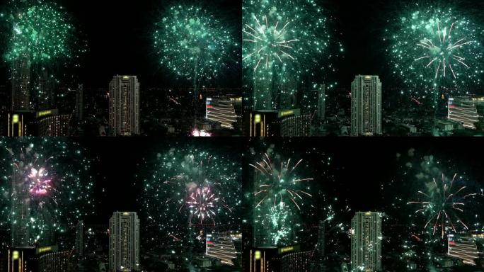 曼谷城市景观的4k慢动作镜头，夜间夜空，庆祝活动和节日概念