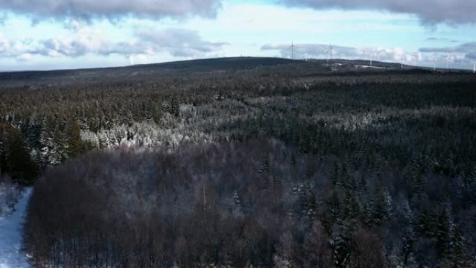 无人机飞越冬季森林
