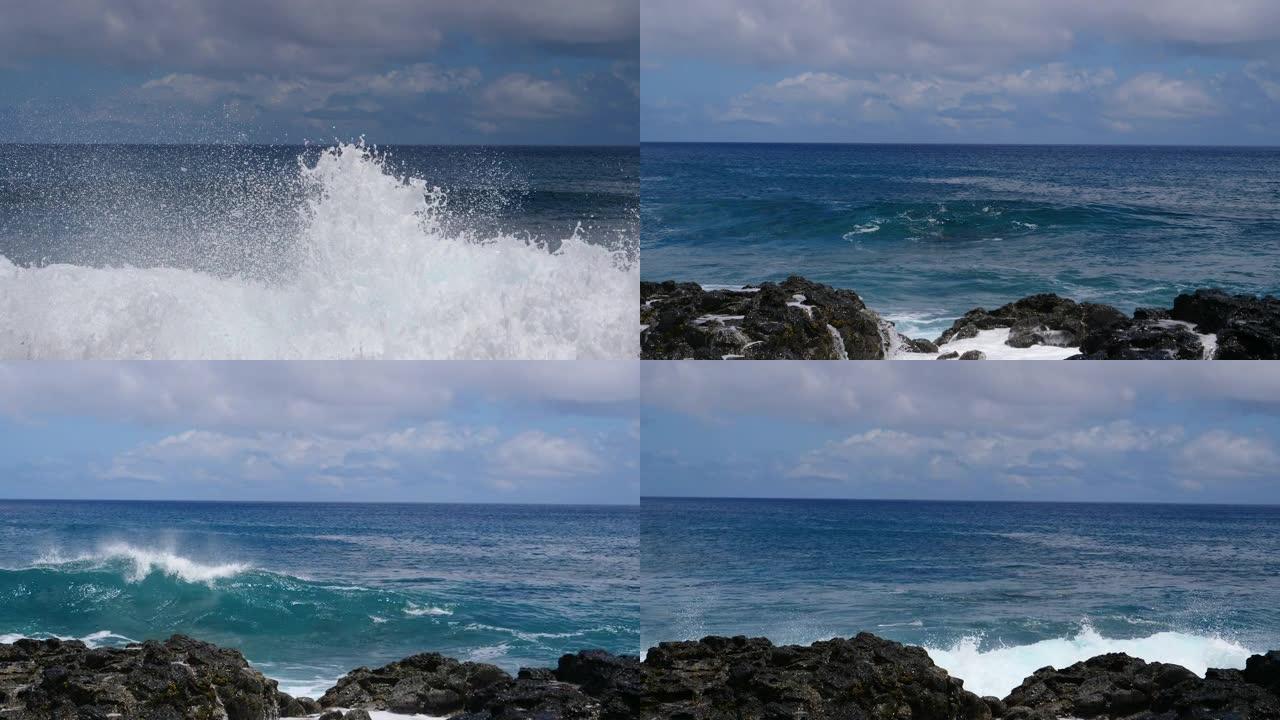 特写: 大浪逼近火山岛坠入多岩石的海岸。
