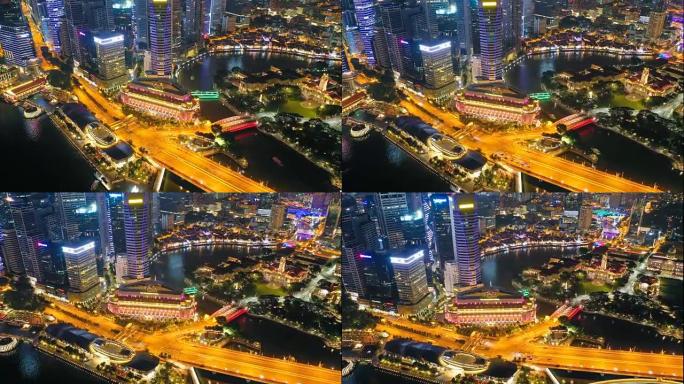 富勒顿路夜间延时新加坡空中超拍或dronelapse全景