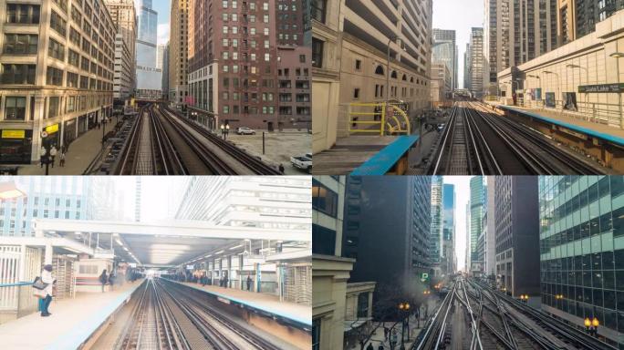 高架火车轨道的4k超快运行在美国伊利诺伊州芝加哥环线大楼之间的铁轨上方