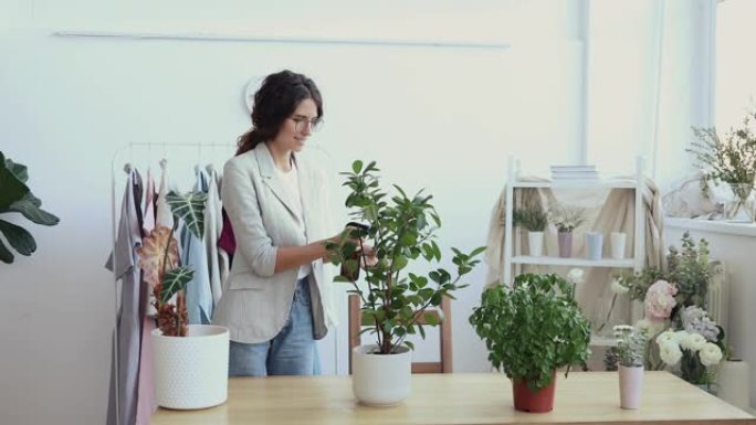 时装设计师照顾植物在办公室喷洒叶子