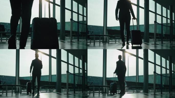 一位穿着西装的年轻优雅商人的慢动作正带着行李箱在国际机场里散步，窗外有阳光。