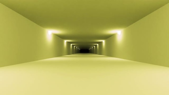 未来派黄色科幻隧道内部。科幻走廊。摘要现代技术背景。无缝循环3D渲染动画4k UHD