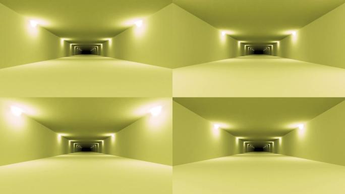 未来派黄色科幻隧道内部。科幻走廊。摘要现代技术背景。无缝循环3D渲染动画4k UHD