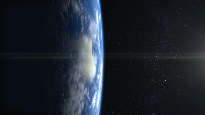 来自太空的地球。摄像机飞离地球。星星闪烁。4K.逼真的氛围。3D体积云。地球在屏幕的左边。