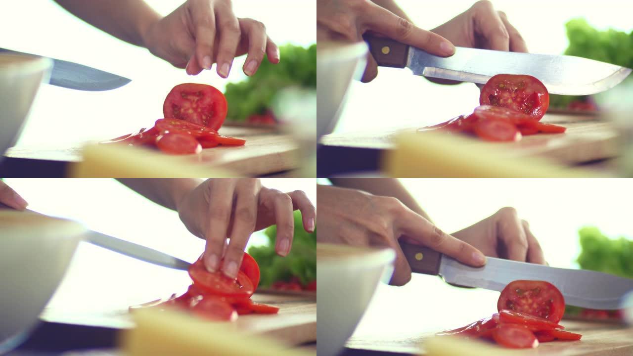 铜: 手工切番茄特写展示切菜切墩
