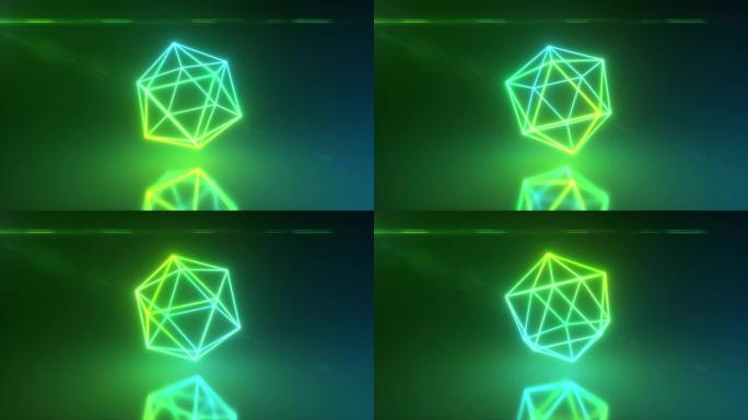 抽象氖多边形旋转形状。现代绿色光谱光。无缝循环3d渲染