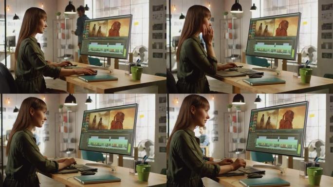 美丽的黑发女性视频编辑器在她的个人电脑上大显示屏上处理镜头。她在凉爽的办公室阁楼工作。其他男性创意同