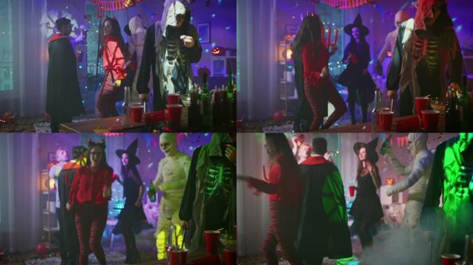 万圣节服装派对: 一群怪物在装饰的房间里跳舞、喝酒和玩乐，用迪斯科舞会的灯光拍摄。脑死亡僵尸，嗜血德