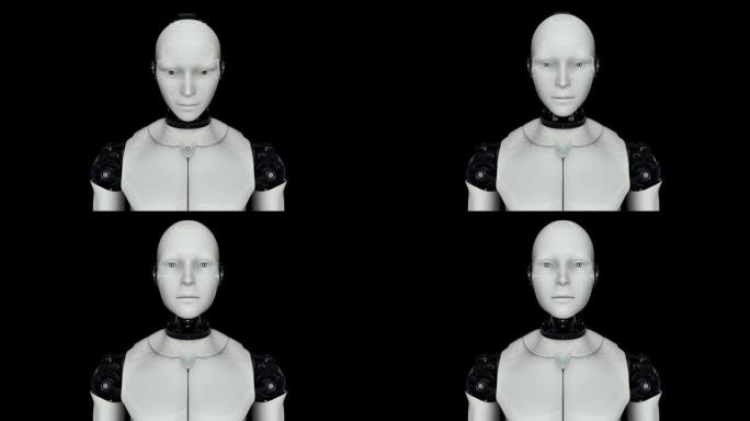 未来派人形机器人打开并抬起头。在黑色背景上。4K. 3D动画。
