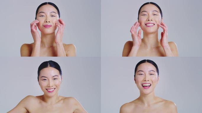 亚洲女人的慢动作，拥有美丽的脸庞和完美的皮肤，刚刚从杂质中清洗干净，用手指轻轻呵护它，为白天或晚上的