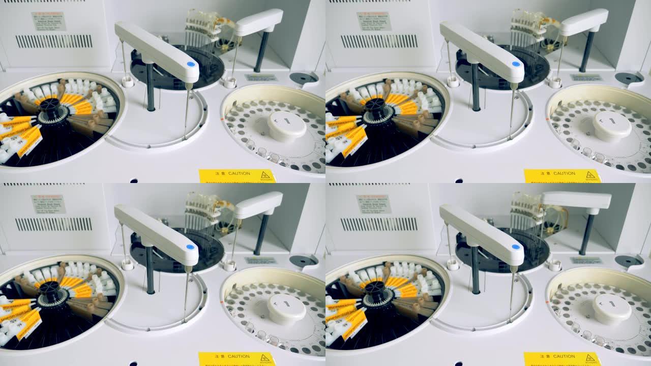 实验室里的现代离心机，特写。自动离心机在特殊的滚筒中检查样品。