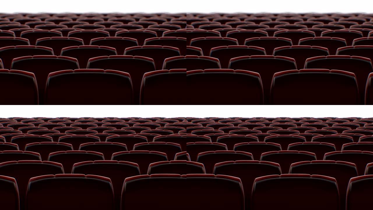 在抽象电影院大厅的椅子后面移动，白色屏幕无缝。电影院排座位的循环3d动画。艺术和媒体概念。