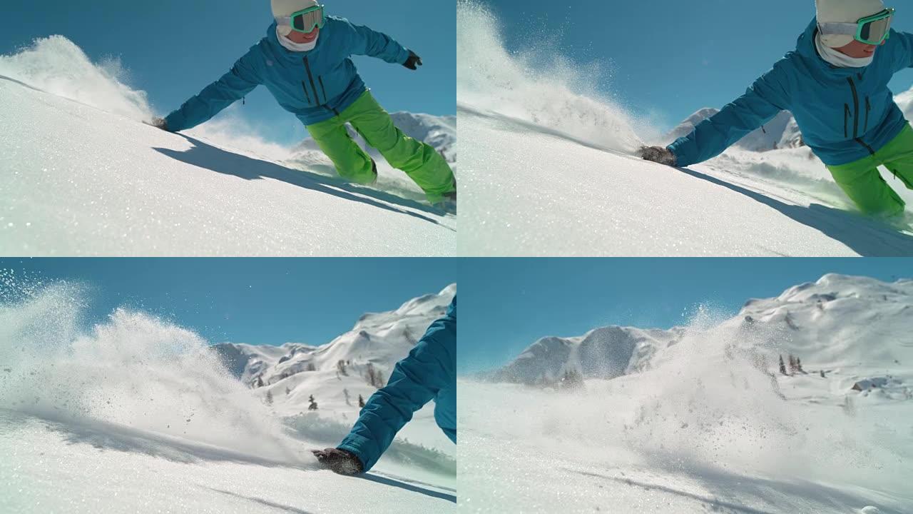 慢动作特写镜头在阳光明媚的冬日在滑雪胜地骑着微笑的滑雪板