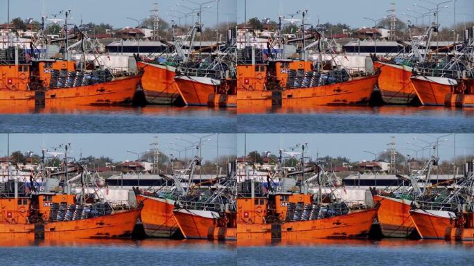 阿根廷3月普拉塔的港口传统渔船。