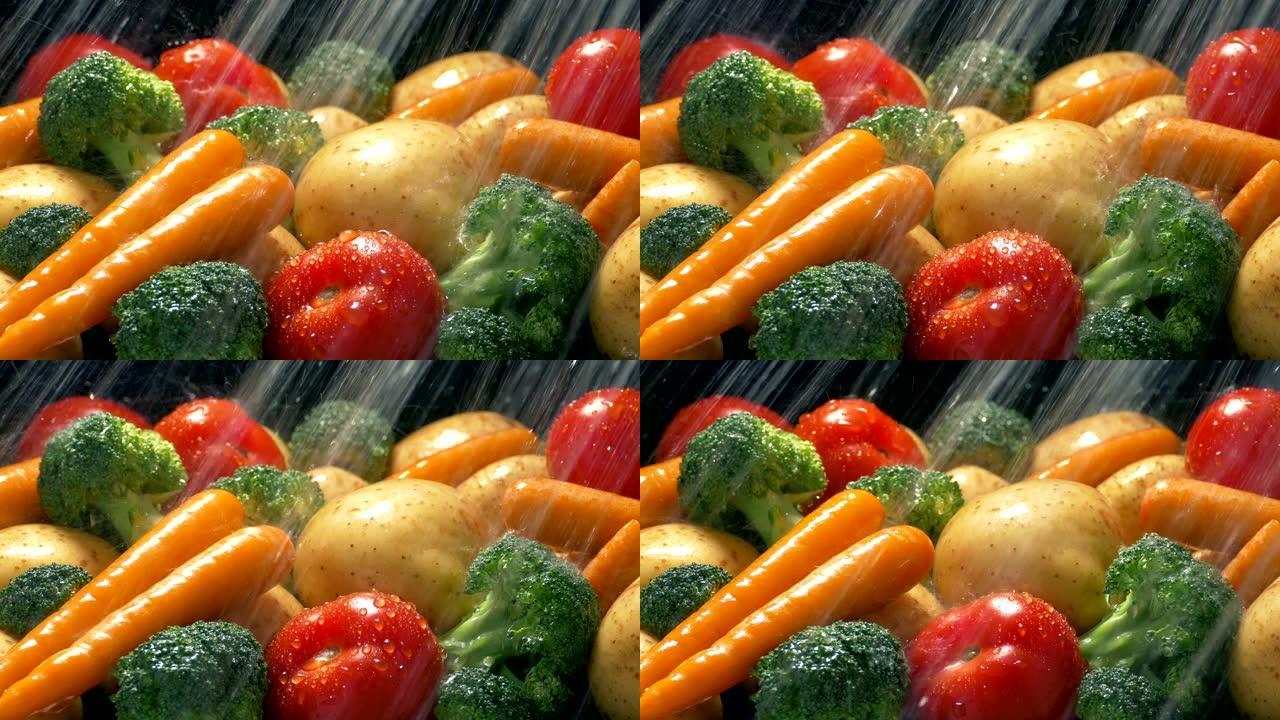 五颜六色的混合蔬菜用水喷雾清洗