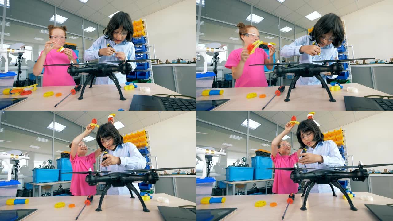 孩子们学习技术科学 -- 无人机、直升机、飞行器。4K。