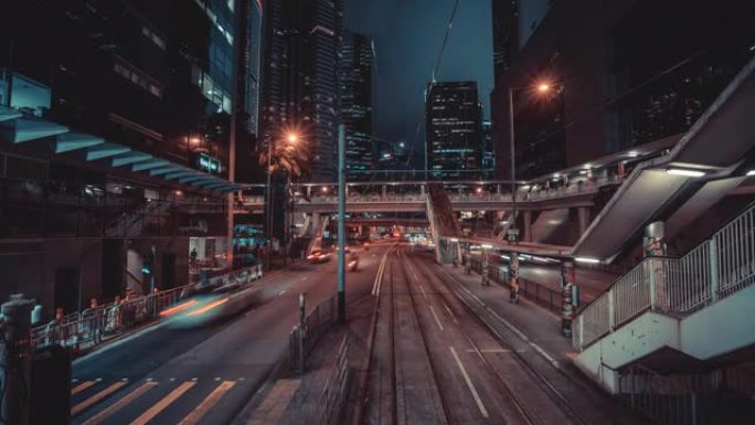 香港城市电车快速运动的4k分辨率时间流逝，香港商业和运输概念
