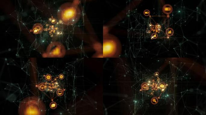 图标在与灯光连接的全球网络的抽象空间中飞行。美丽的循环3d动画。数字技术和信息概念。