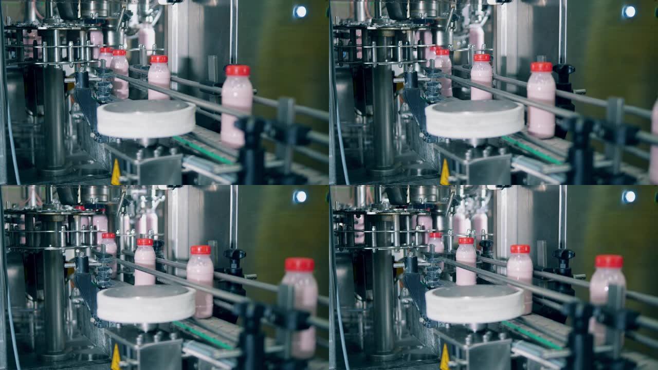 工厂输送机用酸奶移动瓶子。