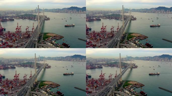 黄昏时香港葵青货柜码头及昂船洲大桥鸟瞰图