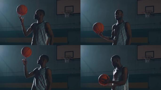 一名年轻的非洲职业男运动员的电影慢动作镜头正在健身房练习篮球锻炼